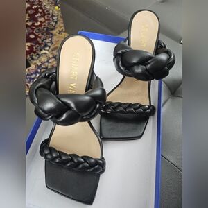 Stuart Weitzman Black Braided Double-Strap Slide Heels